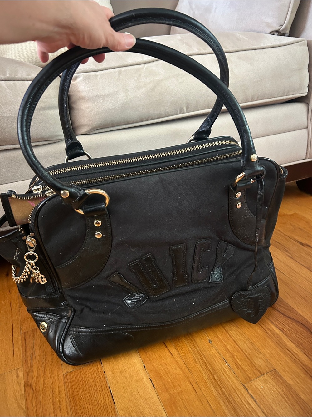 90’s Juicy Couture Black Leather Satchel with Gold Hardware